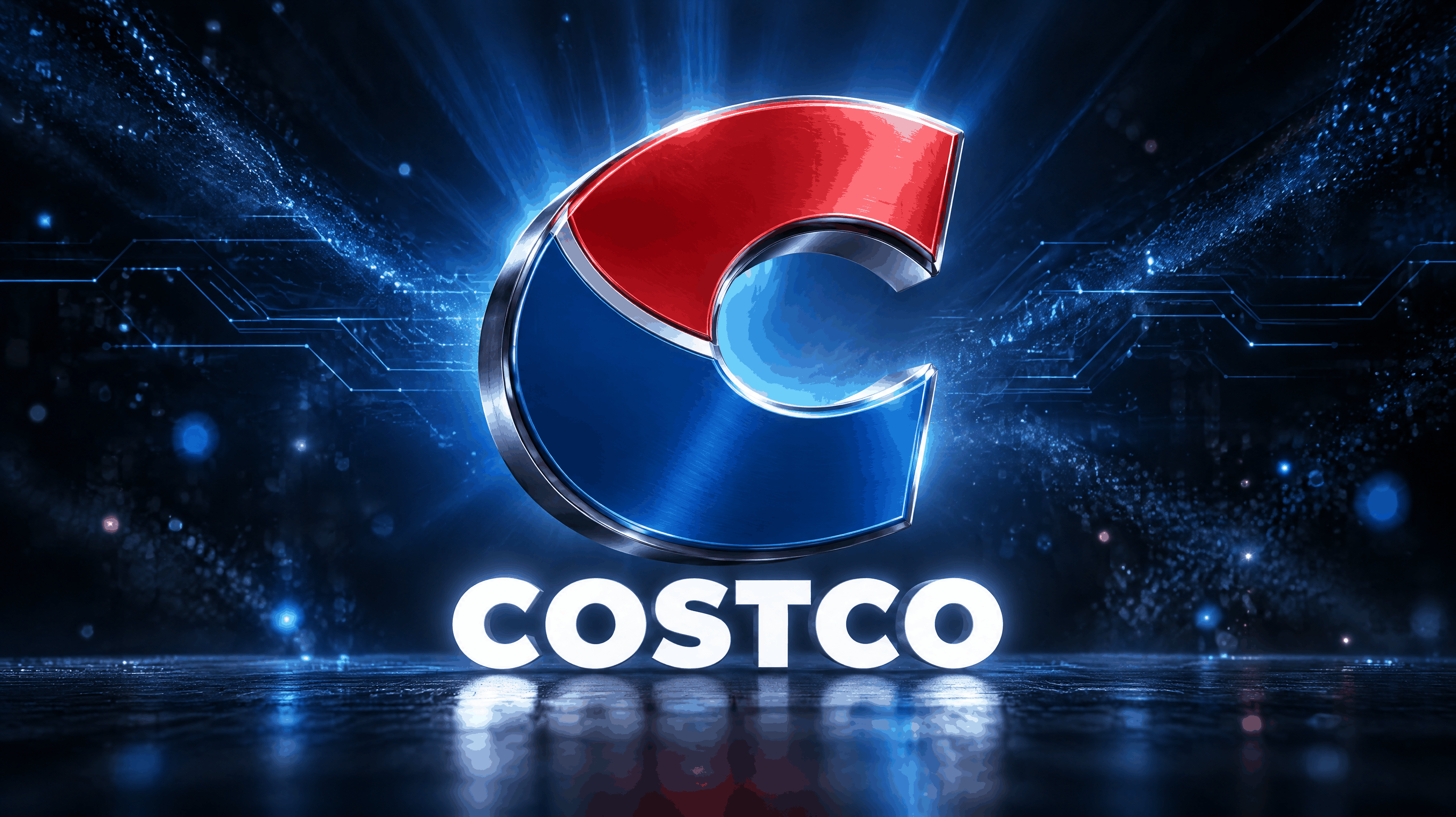 코스트코(Costco)의 C 심볼이 크게 배치된 브랜드 일러스트. 어두운 남색 배경에 블루빛 빛줄기가 넓게 퍼지는 가운데 금속 질감의 로고 심볼이 떠 있고, 그 아래에 COSTCO 워드마크가 흰 글자로 놓여 있다. 코스트코(Costco)의 C 심볼이 크게 배치된 브랜드 일러스트. 어두운 남색 배경에 블루빛 빛줄기가 넓게 퍼지는 가운데 금속 질감의 로고 심볼이 떠 있고, 그 아래에 COSTCO 워드마크가 흰 글자로 놓여 있다.