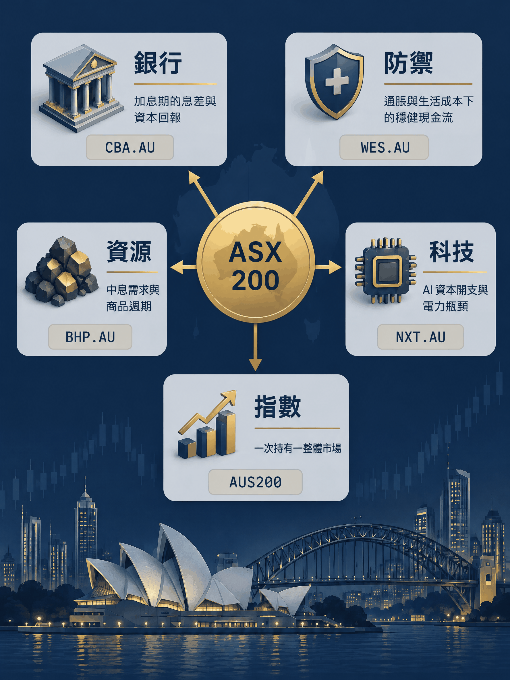 縱向資訊圖以中央的 ASX 200 為核心,向外延伸出銀行、防禦、資源、科技、指數五個板塊,每個板塊標示可交易品種代號與一句變數說明。 縱向資訊圖以中央的 ASX 200 為核心,向外延伸出銀行、防禦、資源、科技、指數五個板塊,每個板塊標示可交易品種代號與一句變數說明。